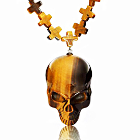 Necklace of Gold Tiger Eye Carved Crystal Skull Pendant